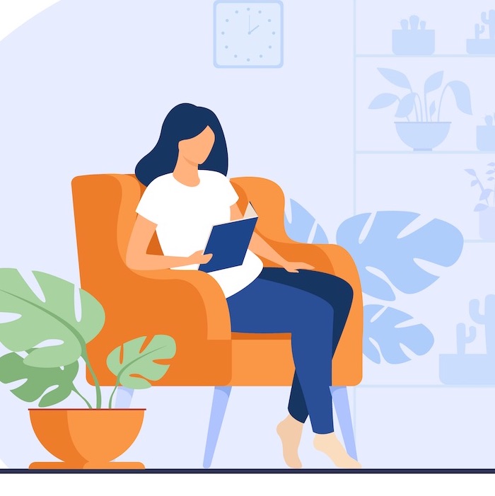 Vector drawing of a woman reading a book sitting in a chair.