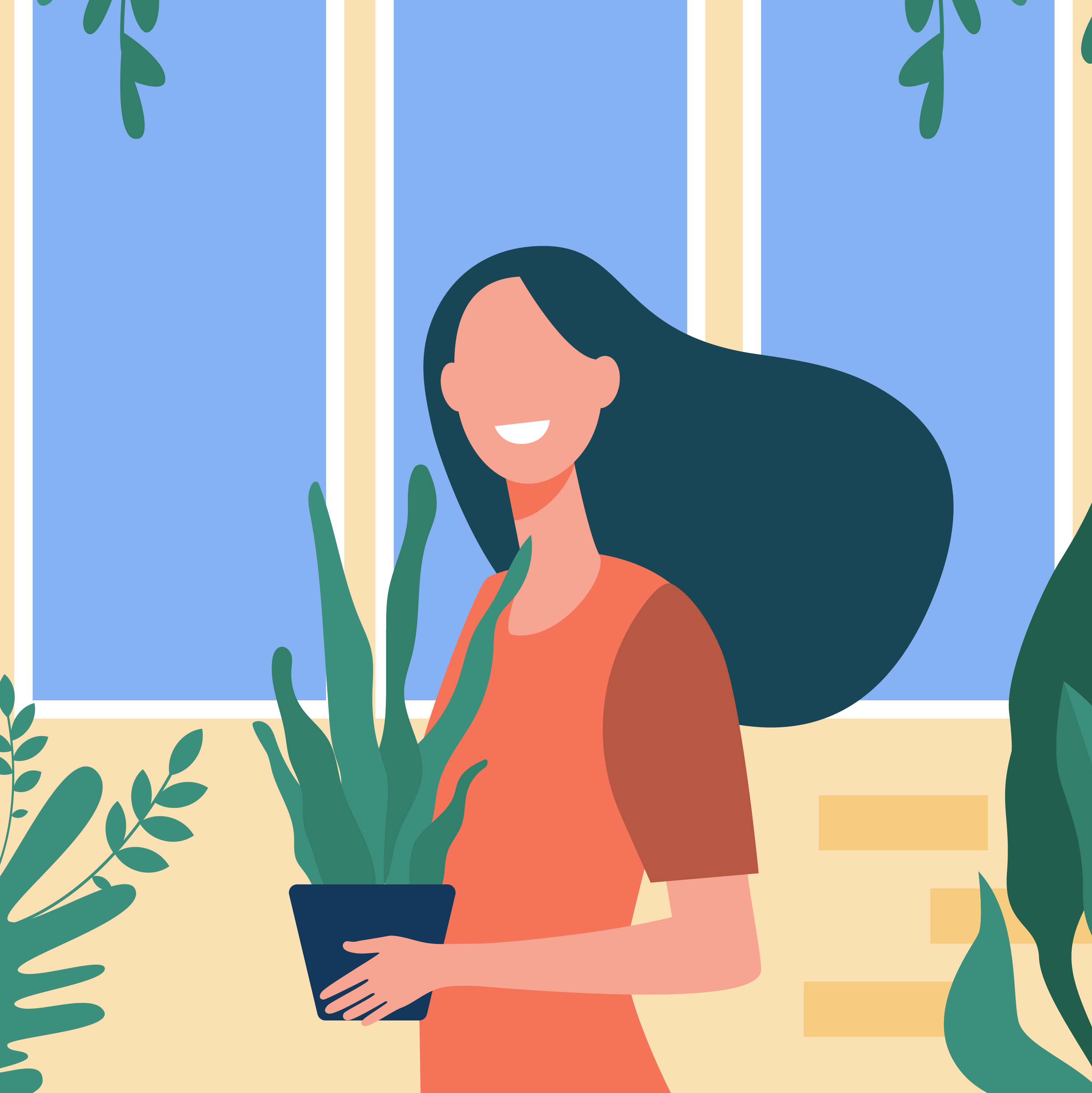 Vector drawing of a woman holding a plant.